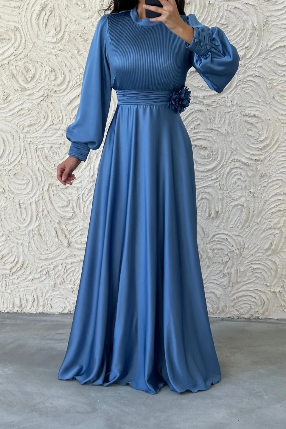 Satin modest dress with puff sleeves and floral waist detail.