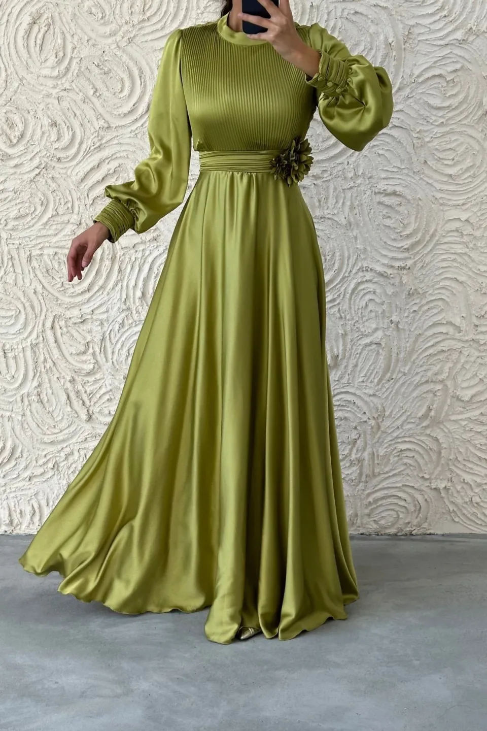Satin modest dress with puff sleeves and floral waist detail.