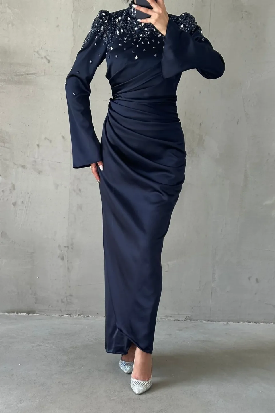 modest navy blue gown