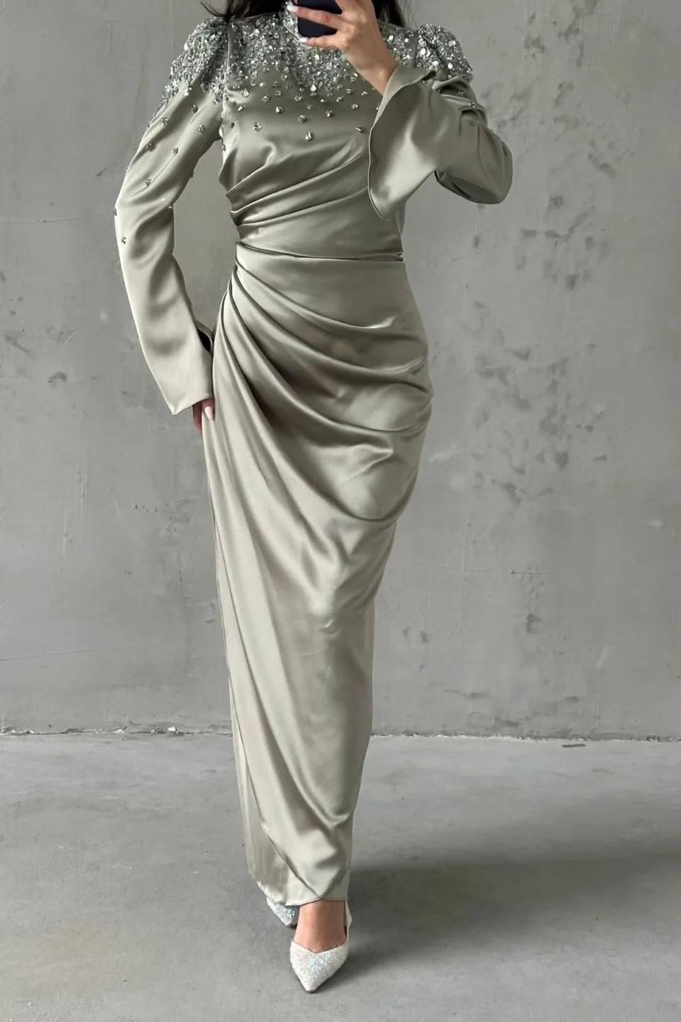 modest olive green gown